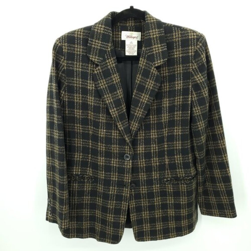 VTG 90s Worthington Tweed Wool-Blend Grid-Plaid Blazer 10P Brown/Black